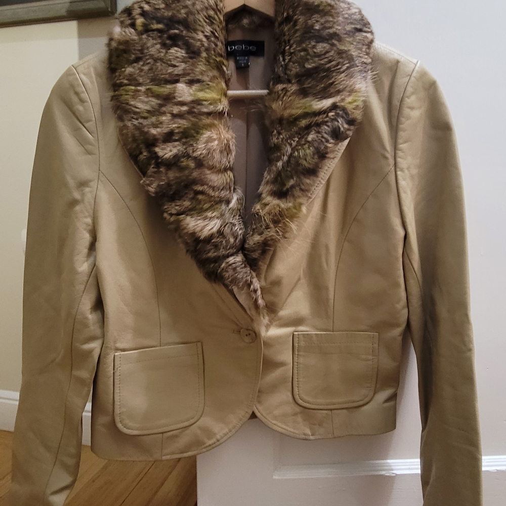 bebe Tan Real RABBIT  Fur Collar Cropped Blazer Jacket